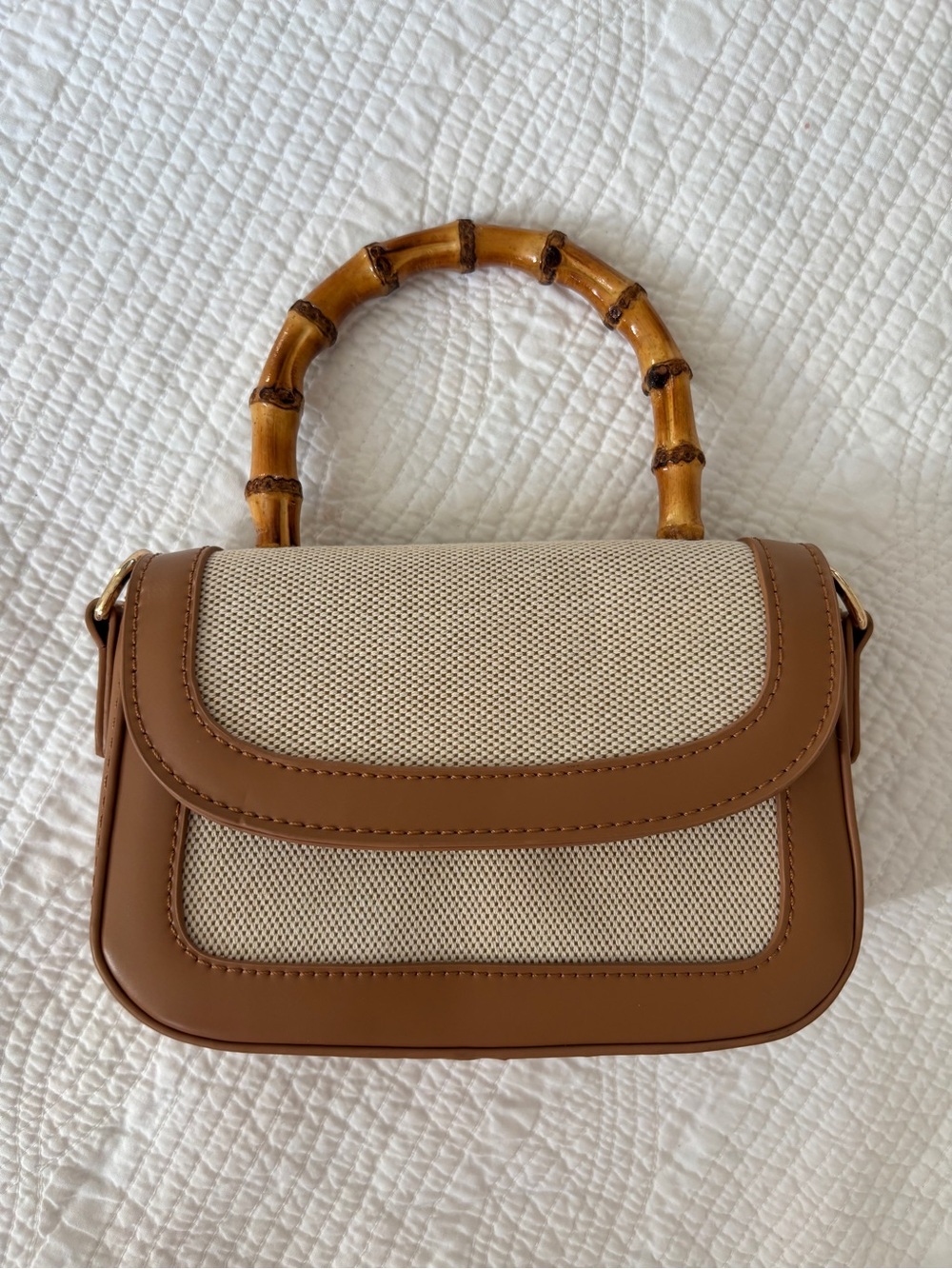 Canvas and Tan Faux-Leather Shoulder Bag with Bamboo Handle